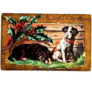 Joyful Christmas Two Dogs and Holly Metallic Embossed Postcard